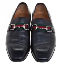 مملوكة مسبقًا Gucci Black Leather Square Horsebit Web Detail Loafers Size 41.5