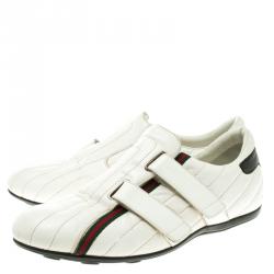 Gucci White Leather Web Detail Slip On Velcro Sneakers Size 42.5