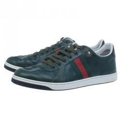 Pre Owned Gucci Green Leather Web Detail Sneakers Size 42