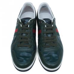 Pre Owned Gucci Green Leather Web Detail Sneakers Size 42