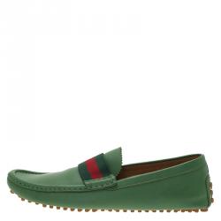 Pre Owned حذاء لوفرز غوتشي ويب جلد أخضر مقاس 43