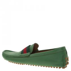 Pre Owned حذاء لوفرز غوتشي ويب جلد أخضر مقاس 43