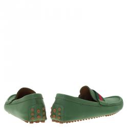 Pre Owned حذاء لوفرز غوتشي ويب جلد أخضر مقاس 43