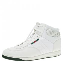مملوكة مسبقًا Gucci White Leather and Fabric High Top Sneakers Size 44