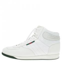 مملوكة مسبقًا Gucci White Leather and Fabric High Top Sneakers Size 44