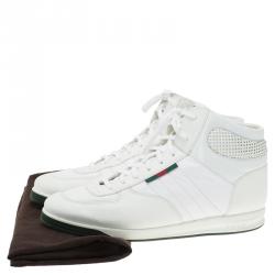 مملوكة مسبقًا Gucci White Leather and Fabric High Top Sneakers Size 44