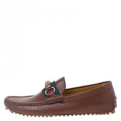 Pre Owned حذاء لوفرز غوتشي جلد بني هورسبيت بامبو وشريط ويب مقاس 42