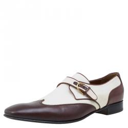 Gucci Brown Leather and Cream Canvas Monk Strap Shoes Size 45