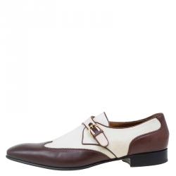 Gucci Brown Leather and Cream Canvas Monk Strap Shoes Size 45