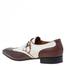 Gucci Brown Leather and Cream Canvas Monk Strap Shoes Size 45