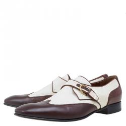 Gucci Brown Leather and Cream Canvas Monk Strap Shoes Size 45