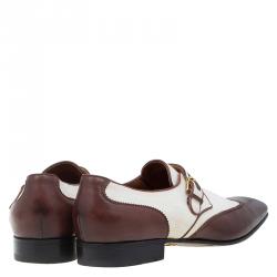 Gucci Brown Leather and Cream Canvas Monk Strap Shoes Size 45