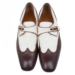 Gucci Brown Leather and Cream Canvas Monk Strap Shoes Size 45