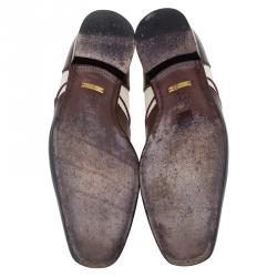 Gucci Brown Leather and Cream Canvas Monk Strap Shoes Size 45