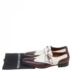 Gucci Brown Leather and Cream Canvas Monk Strap Shoes Size 45