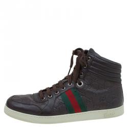 Gucci Brown Guccissima Leather Web Detail High Top Sneakers Size 43