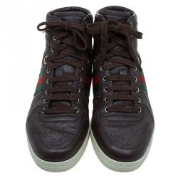 Gucci Brown Guccissima Leather Web Detail High Top Sneakers Size 43