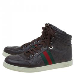 Gucci Brown Guccissima Leather Web Detail High Top Sneakers Size 43