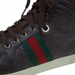 Gucci Brown Guccissima Leather Web Detail High Top Sneakers Size 43