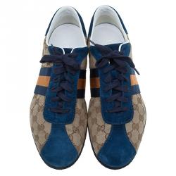 Pre Owned Gucci Two Tone GG Canvas and Suede Web Detail Sneakers Size 44