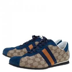 Pre Owned Gucci Two Tone GG Canvas and Suede Web Detail Sneakers Size 44