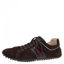 Gucci Brown Suede Web Detail Sneakers Size 42.5