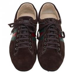 Gucci Brown Suede Web Detail Sneakers Size 42.5