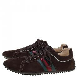 Gucci Brown Suede Web Detail Sneakers Size 42.5