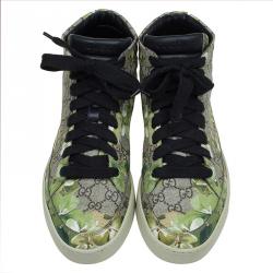 Pre Owned حذاء رياضي غوتشي كانفاس GG بيج وأخضر رقبة مرتفعة طباعة الورود مقاس 43
