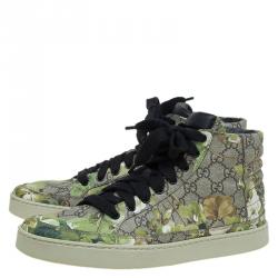 Pre Owned حذاء رياضي غوتشي كانفاس GG بيج وأخضر رقبة مرتفعة طباعة الورود مقاس 43