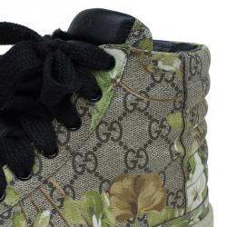 Pre Owned حذاء رياضي غوتشي كانفاس GG بيج وأخضر رقبة مرتفعة طباعة الورود مقاس 43