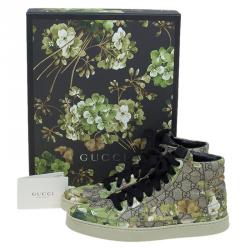 Pre Owned حذاء رياضي غوتشي كانفاس GG بيج وأخضر رقبة مرتفعة طباعة الورود مقاس 43