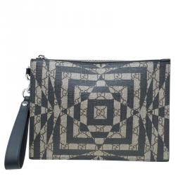 Pre Owned Gucci Beige/Black GG Coated Canvas Caleido Strap Pouch