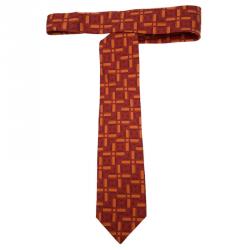 Pre Owned Hermes Red Silk Printed Tie