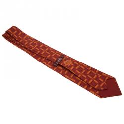 Pre Owned Hermes Red Silk Printed Tie