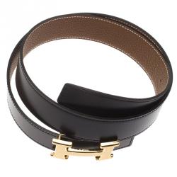 Pre Owned Hermes Black and Brown Leather H Buckle Reversible Belt 85 CM