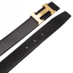 Pre Owned Hermes Black and Brown Leather H Buckle Reversible Belt 85 CM