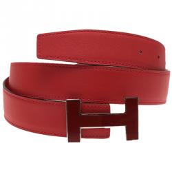 Pre Owned Hermes Red Leather H Logo Constance Reversible Belt 80 CM 