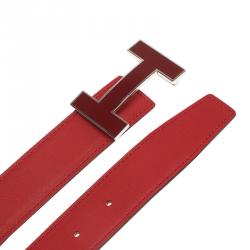 Pre Owned Hermes Red Leather H Logo Constance Reversible Belt 80 CM 