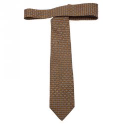 Pre Owned Hermes Orange & Grey Horsebit Printed Silk Tie