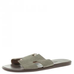 Replica Hermes Oran Slide Sandals In Vert Amande Ostrich Leather