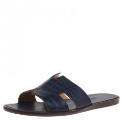 Replica Hermes Izmir Sandals In Blue Matte Niloticus Crocodile