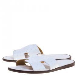 Hermes White Ostrich Izmir Sandals Size 44