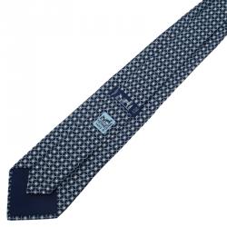 مملوكة مسبقًا Hermes Navy Blue Printed Silk Tie