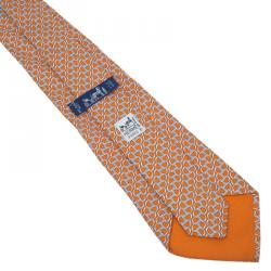 Pre Owned Hermes Orange Silk Printed Tie 