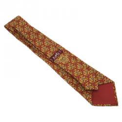 Pre Owned Hermes Red Silk Equestrian Print Tie
