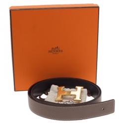 Pre Owned Hermes Black/Grey Leather Reversible H Buckle Belt 95 CM