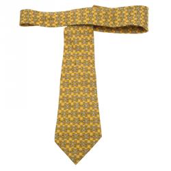 Pre Owned Hermes Yellow and Grey Printed Silk Tie