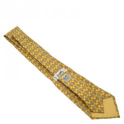 Pre Owned Hermes Yellow and Grey Printed Silk Tie