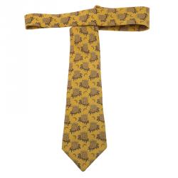 Pre Owned Hermes Yellow Owl and Moon Printed  Silk Tie